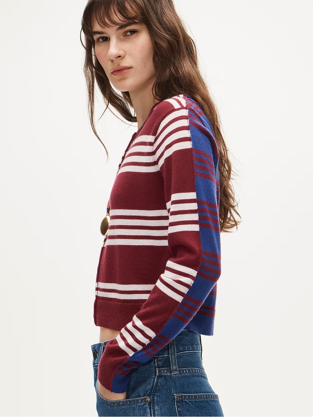 J. Crew Burgundy & White Striped Crop Cardigan - Picture 2 of 3